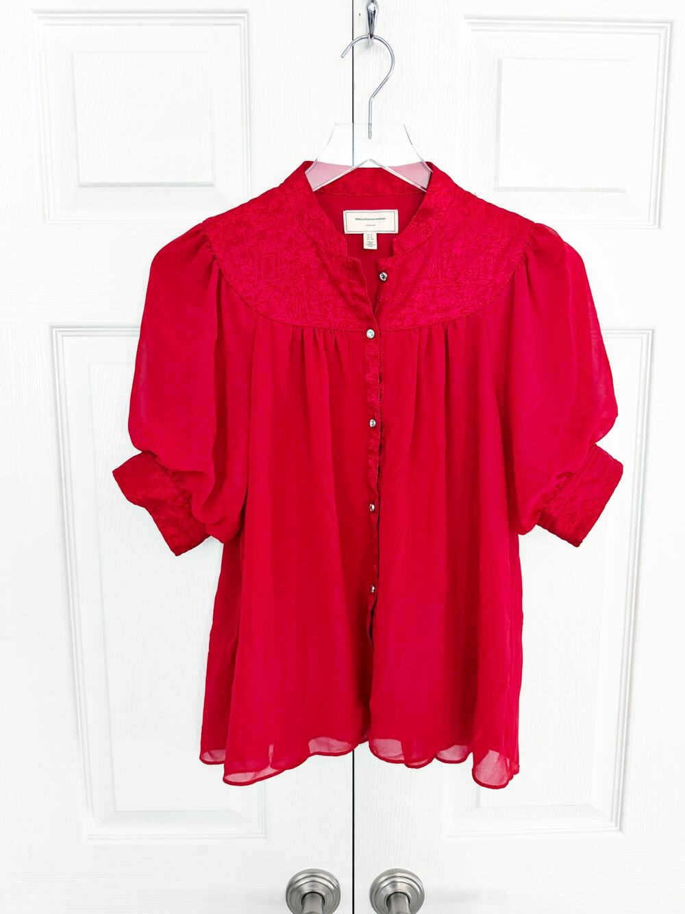 Moulinette Soeurs Anthropologie Colline Red Blouse Puff Sleeve Jacquard Yoke